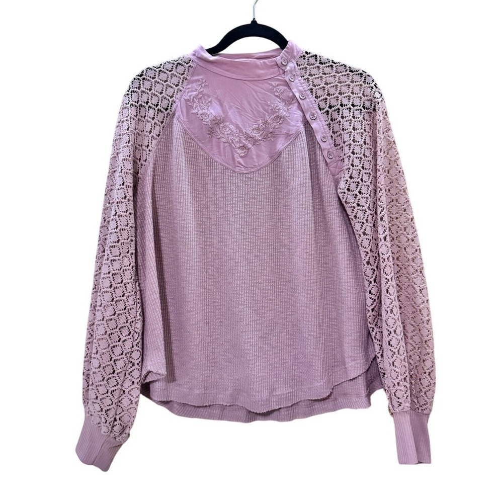 Free People Lace Sleeve Waffle Knit Top Pink Button Neck Embroidered Boho‎ Small